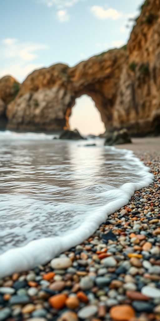 generate a high-resolution image of a beach scene with smooth waves lapping at a pebble shore, featuring a prominent rock arch in the background, taken with a DSLR camera at f/8 aperture, 1/200 sec shutter speed, ISO 100, in landscape orientation with a wide-angle lens and soft natural lighting