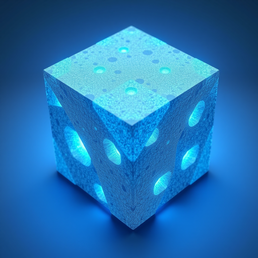 Create a high-resolution digital illustration of a textured cube with blue glowing elements, using a Canon EOS R5 with a 50mm f/1.2 lens at f/2.8, 1/100s shutter speed, and ISO 100, viewed from a slight overhead angle with soft lighting for enhanced depth and contrast.