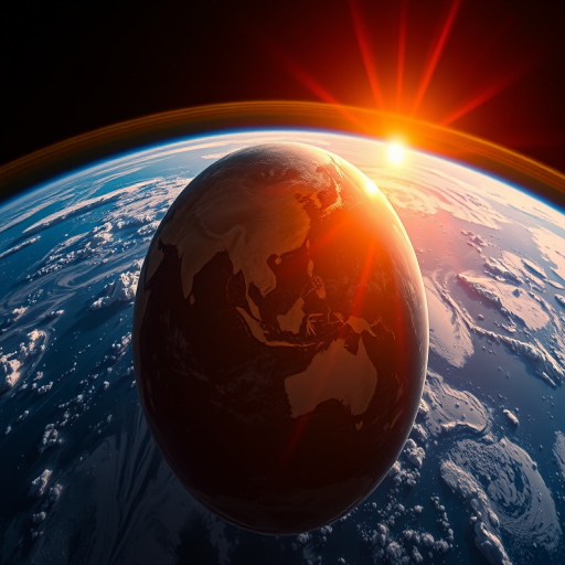 Earth from space at sunrise, captured with a DSLR camera, 24mm lens, f/8 aperture, ISO 100, 1/200 sec shutter speed, high dynamic range, wide-angle view, vibrant colors and sharp details.