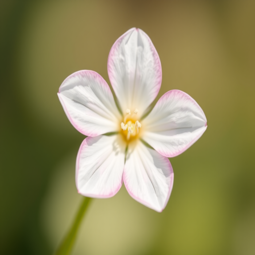 Generate a high-resolution image of a delicate white flower with a light pink edge, centered on a soft gradient background, shot with a 50mm lens at f/1.8 aperture, using a DSLR camera, in natural lighting to enhance color vibrancy and detail.