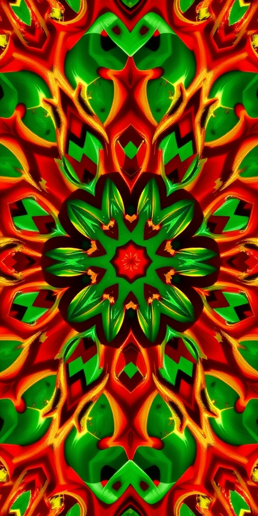 create a vibrant kaleidoscopic pattern with intricate geometric shapes in red, green, and gold, shot with a DSLR camera at f/8, ISO 100, 50mm lens, top-down view, using a macro photography style to enhance details and colors