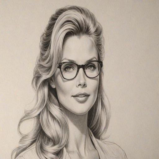 Comely Christie Brinkley, pencil sketch, portrait of Resplendent woman 1954s in glasses, hair style beatnik, outline, clear lines, fine lines, 8k