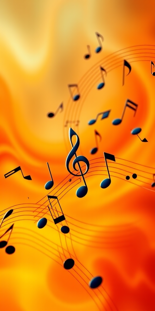 Generate an abstract image of musical notes in a vibrant orange and yellow background with swirling patterns, using a DSLR camera at f/4 aperture, ISO 200, 50mm lens, in landscape orientation, high dynamic range style.