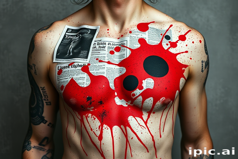 Striking trash polka style chest piece combining bold red splatters with photorealistic black and gray elements, featuring torn newspaper clippings and abstract shapes