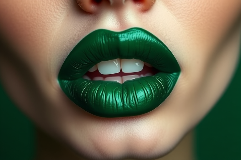 Deep emerald green lips named "Forest Whisper" present a bold and unconventional look with a satin finish, perfect for avant-garde fashion and creative self-expression