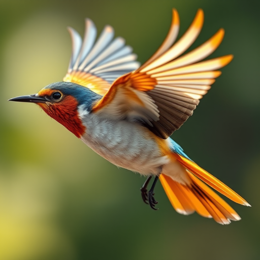 Create a high-resolution digital illustration of a stylized bird in flight, focusing on vibrant colors and intricate feather details, captured with a Canon EOS R5 at f/4, ISO 100, 1/250 sec, using a macro lens to enhance the texture and depth.