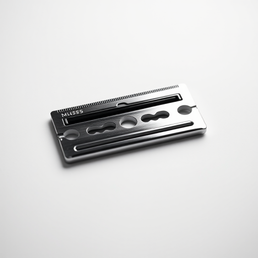 create a hyper-realistic close-up image of a razor blade on a plain white background, using a Canon EOS R5 with a 50mm f/1.2 lens, aperture set to f/2.8, ISO 100, and a shutter speed of 1/200 sec, with soft studio lighting to enhance reflections and details