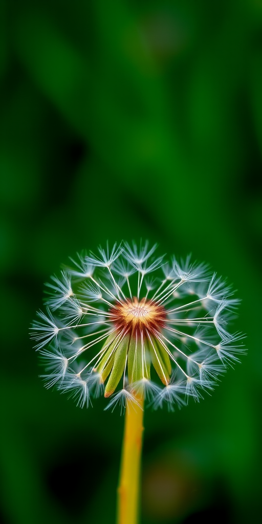 Close-up shot of a dandelion seed head with a blurred green background, using a DSLR camera at f/2.8 aperture, 100mm lens, ISO 200, and natural light for enhanced detail and depth of field.
