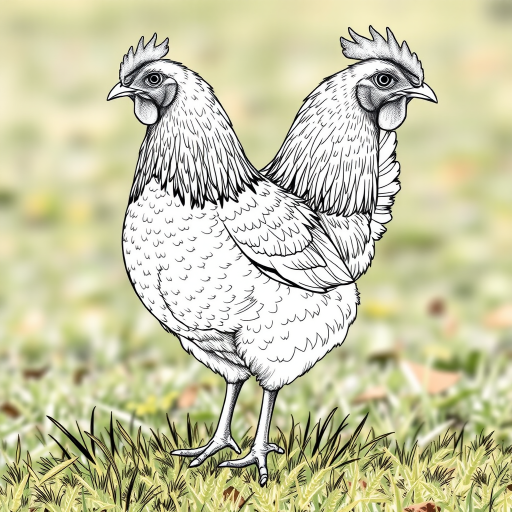 A detailed close-up illustration of a chicken standing on grass, with fine line art style, capturing intricate feather textures and natural posture, shot in natural light with a Canon EOS R5, 50mm f/1.8 lens, aperture set to f/2.8, ISO 100, in a soft focus background for enhanced clarity and quality.