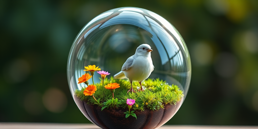 Create a hyper-realistic image of a white bird standing on a lush green patch with vibrant flowers in a glass globe representing Earth, using a Canon EOS R5, 50mm lens, f/1.8 aperture, ISO 100, with soft natural lighting and a shallow depth of field to enhance the quality and detail.