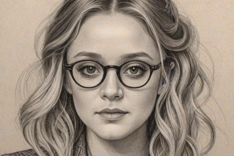 Delightful Billie Lourd, pencil sketch, portrait of Charming woman 1927s in glasses, hair style beatnik, outline, clear lines, fine lines, 8k