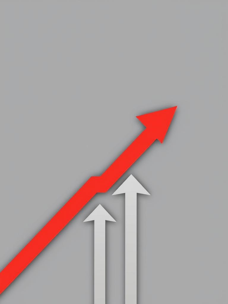create a vector graphic of multiple arrows pointing upwards with one arrow in red and the others in shades of gray, use a clean minimalist style, set camera to ISO 100, aperture f/8, focal length 35mm, top-down view, shot with a digital camera
