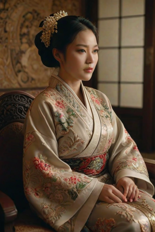A beautiful woman in traditional East Asian attire, intricately detailed with embroidered patterns, sitting gracefully in a richly decorated room, soft ambient lighting, serene and elegant, ultra-realistic, 8K resolution