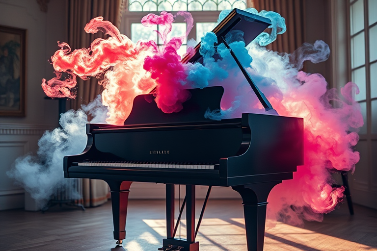 A grand piano with colorful smoke and clouds emerging from the keys, shot at 50mm f/1.8 aperture, ISO 200, soft natural light streaming through a window, using a DSLR camera with a high dynamic range setting to enhance vivid colors and details.