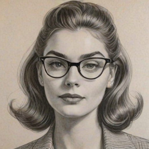 Gorgeous Annie Murphy, pencil sketch, portrait of Resplendent woman 1955s in glasses, hair style beatnik, outline, clear lines, fine lines, 8k