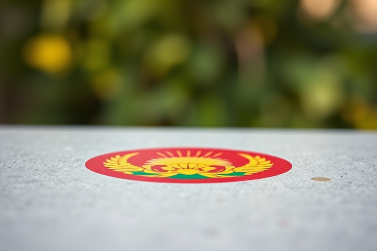 Create a high-resolution image of the Tajikistan national emblem on a smooth surface, using a DSLR camera with a 50mm lens, f/2.8 aperture, 1/125s shutter speed, ISO 100, natural daylight, and a slight bokeh effect for depth.