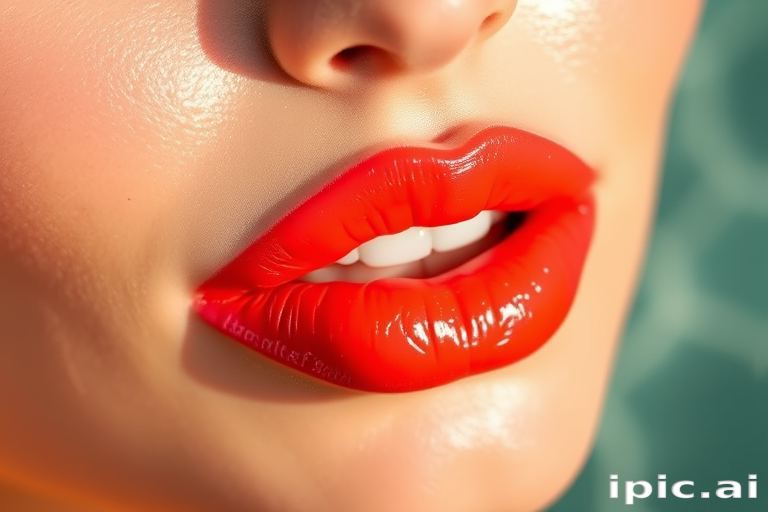 Vibrant coral sunset lip stain "Tropical Breeze" with glossy finish and subtle shimmer, perfect for beachwear and summer evenings, long-lasting and hydrating formula
