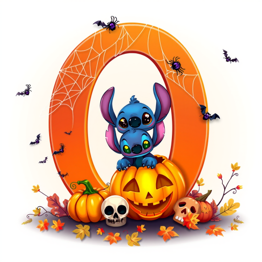 A whimsical and vibrant Halloween-themed digital illustration featuring the letter 'Q' adorned with spider webs, small bats, and cute spiders. At the base of the letter, a playful alien character similar to Stitch is peeking out from inside a carved pumpkin with glowing eyes, surrounded by additional pumpkins, a small skull, and autumn leaves. The letter is gradient-colored from orange to purple, adding a magical atmosphere to the scene.