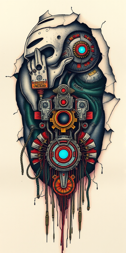 Biomechanical tattoo called "Cybernetic Symphony" blending organic forms with mechanical elements, creating the illusion of exposed robotic parts beneath torn skin, incorporating circuit board patterns and glowing energy lines, ideal for shoulder, chest, or thigh placement