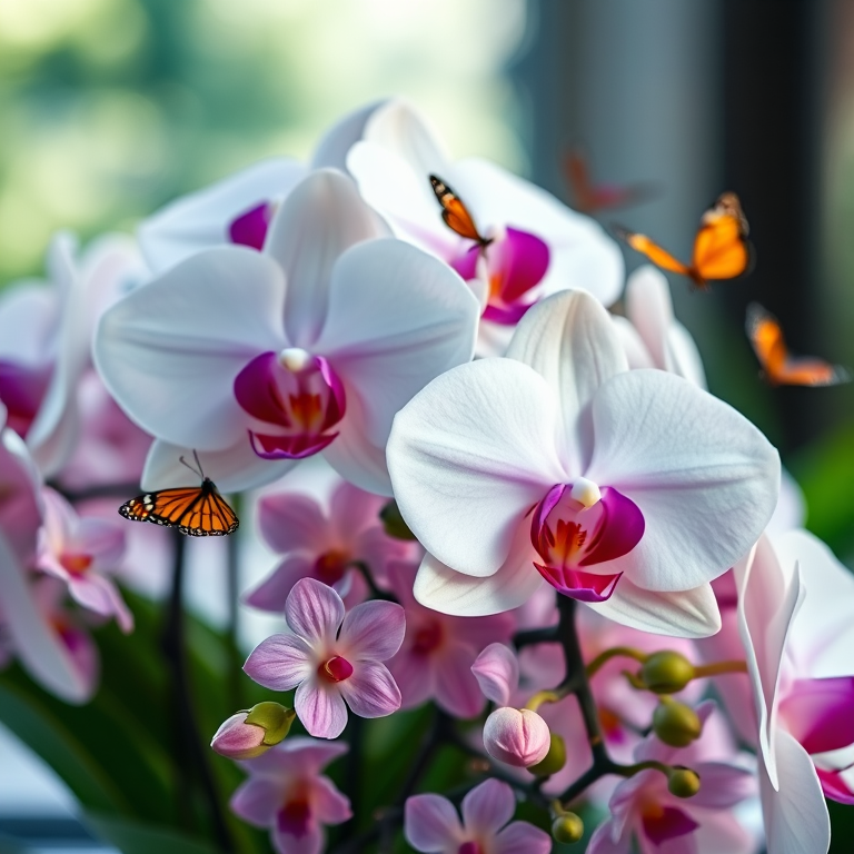 Close-up shot of a vibrant arrangement of white and purple orchids with pink flowers, butterflies in soft-focus background, use a DSLR camera with a 50mm lens, aperture f/2.8, ISO 100, natural light, shallow depth of field.