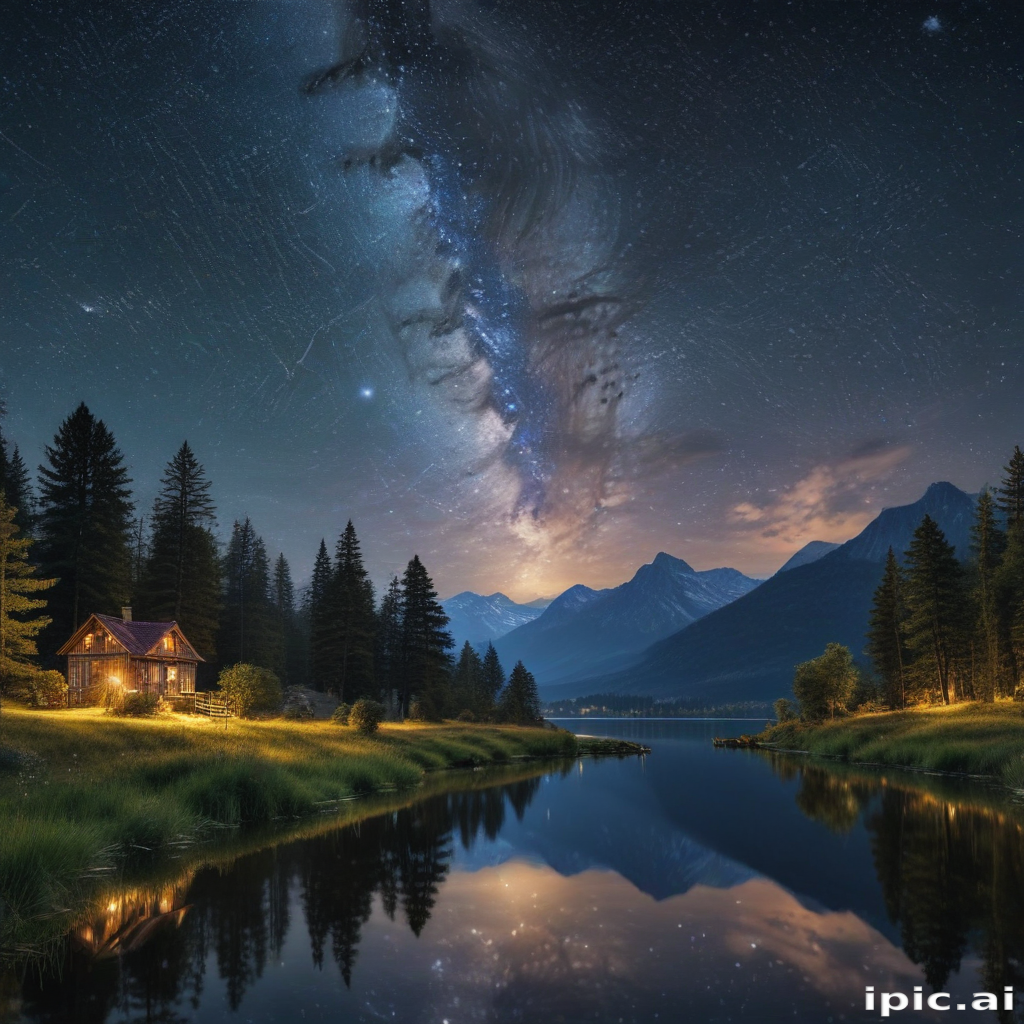 Serene Night Landscape Featuring a Cozy Cabin Under a Starry Sky