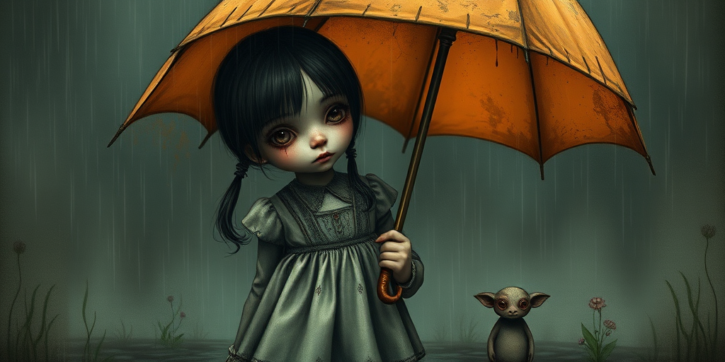 An eerie, weird little girl with dark hair in thin pigtails, wearing a smock dress, standing in the rain, holding a dirty orange umbrella, a small, odd creature beside her. In a surreal style inspired by Nicoletta Ceccoli and Brian Froud. Dark fantasy themes