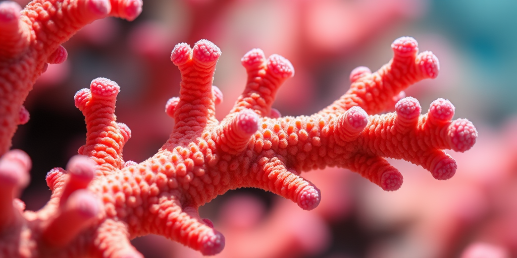 Create a highly detailed illustration of a coral branch with intricate texture and shading, use a macro lens with a shallow depth of field, f-stop at f/2.8, ISO 100, 1/125s shutter speed, captured in natural light to enhance color contrast and clarity.