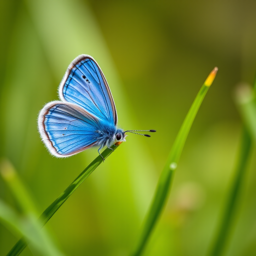 macro shot of a blue butterfly perched on a green blade of grass, f/2.8 aperture, 1/200 sec shutter speed, ISO 100, natural lighting, slight bokeh background, DSLR camera