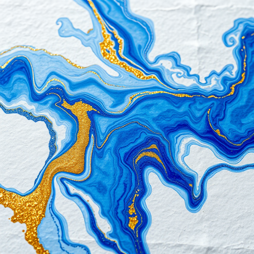 Create an abstract image featuring blue and gold marbling on textured white paper background, shot with a Canon EOS R5 at f/2.8, 50mm focal length, low angle view, soft natural lighting, and high dynamic range to enhance detail and color depth.