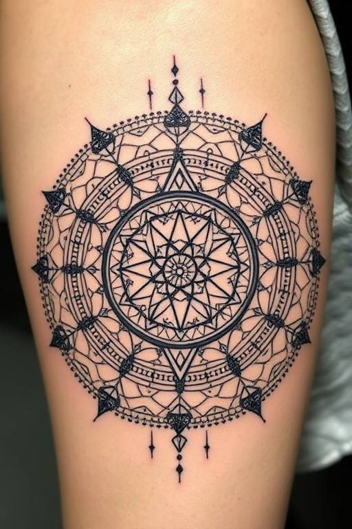 Intricate dotwork mandala tattoo named "Cosmic Harmony" featuring concentric circles and geometric patterns. Thousands of tiny dots create mesmerizing textures and gradients, giving the illusion of three-dimensionality. Sacred geometry symbols and celestial motifs are incorporated into the design, infusing it with spiritual significance.