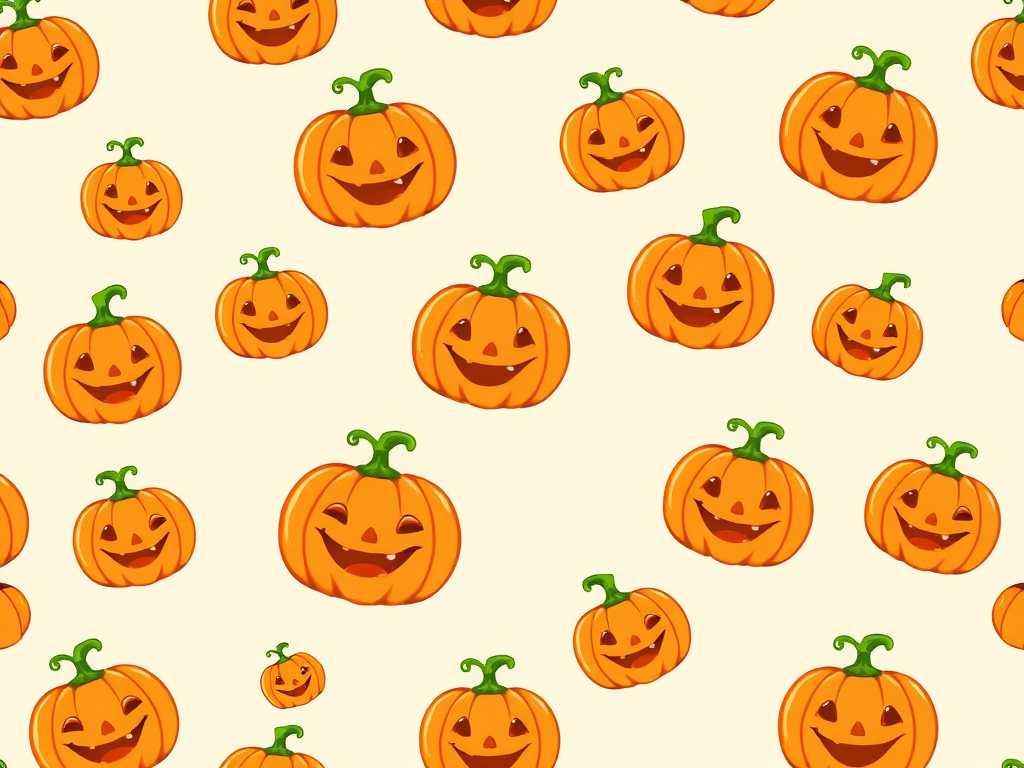 Create a pattern featuring cartoon-style pumpkins with smiling and mischievous expressions scattered evenly on a light beige background. The pumpkins should be bright orange with green stems and should vary slightly in size and orientation.