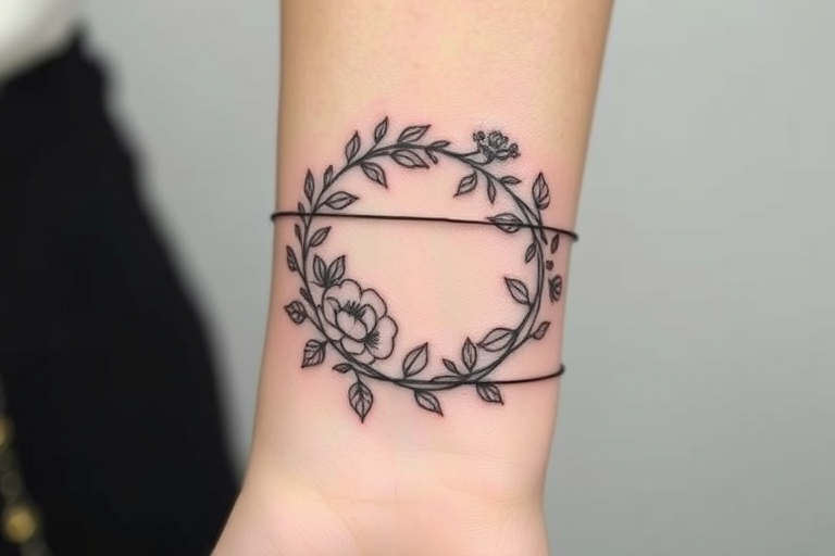Elegant fine line tattoo wrapping around the wrist, depicting a delicate floral wreath with intricate botanical details, using thin black lines to create a subtle and feminine design