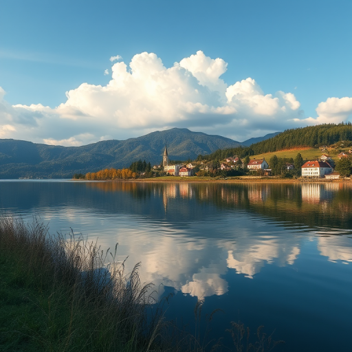 Regenerate a serene lakeside landscape with a charming village in the background, showcasing fluffy white clouds reflecting on calm waters during the daytime, using a DSLR camera at f/8 aperture, ISO 100, 50mm lens, with a wide-angle view and natural lighting to enhance image clarity and color saturation.