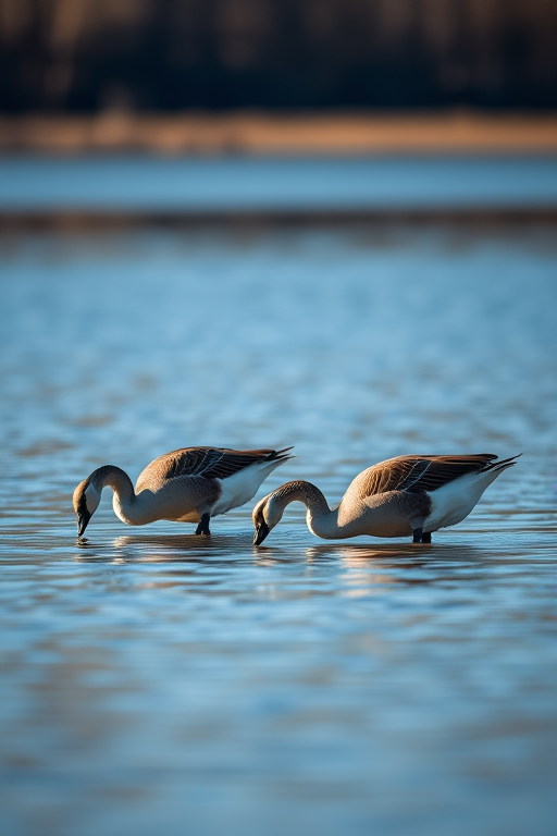 a serene scene of three geese foraging in calm water, captured with a Canon EOS 5D Mark IV, 50mm lens, aperture f/4, ISO 100, shutter speed 1/250s, in natural light with a shallow depth of field to create a soft bokeh effect in the background.