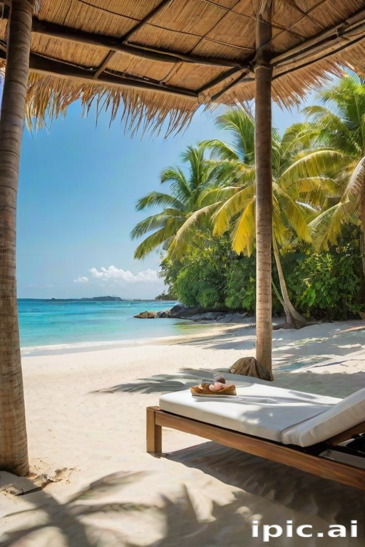 Create a picturesque tropical beach scene featuring a serene, white sandy shore. In the foreground, there's a rustic wooden canopy with white drapes gently flowing in the breeze. Underneath the canopy, a table is set with tropical decor, evoking a sense of relaxation and leisure. The beach extends into a calm, shallow water area with reflections of the sky and surroundings. Palm trees and lush greenery line the edge of the beach, providing a natural, tropical backdrop. The sky is clear with a few scattered clouds, and the overall atmosphere is tranquil and inviting, perfect for a peaceful retreat.