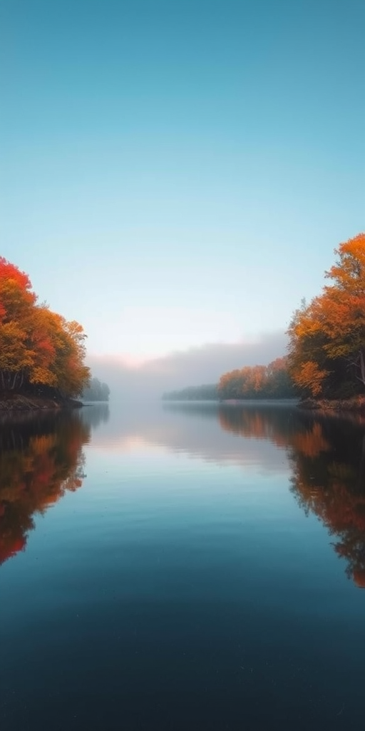 Generate an image of a tranquil lake reflecting colorful autumn trees, taken with a Canon EOS R5, f/8 aperture, 1/100 second shutter speed, ISO 100, shot from a low angle to capture the reflections, utilizing a wide-angle lens to enhance the scene's depth and maintain clarity.