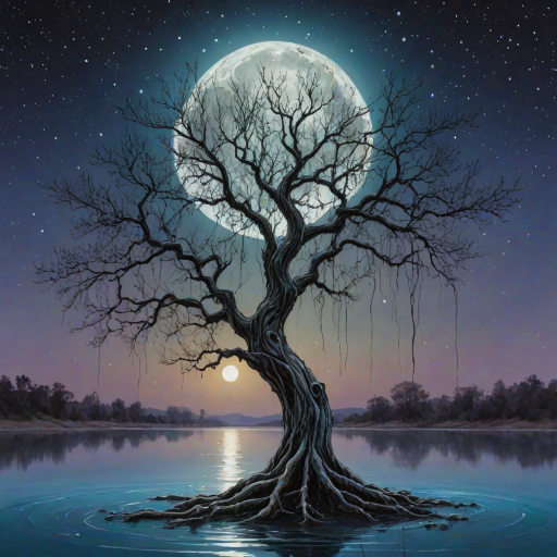painting of a tree with a full moon in the background and water dripping from its branches, fantasy art, alcohol ink, 3D, 4K, HDRi