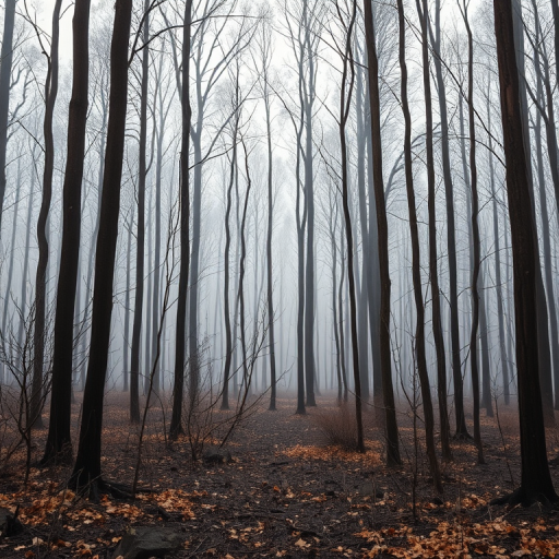 forest after wildfire with charred trees and mist, shot with a DSLR camera, 50mm lens, f/2.8 aperture, ISO 100, shutter speed 1/200 sec, natural lighting, captured from eye level for depth and realism
