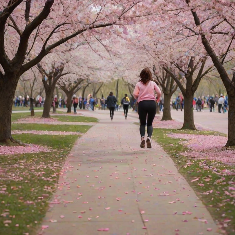 Bustling city park in spring, cherry blossoms in full bloom, a woman jogs along a winding path, the pink petals falling around her as she moves.