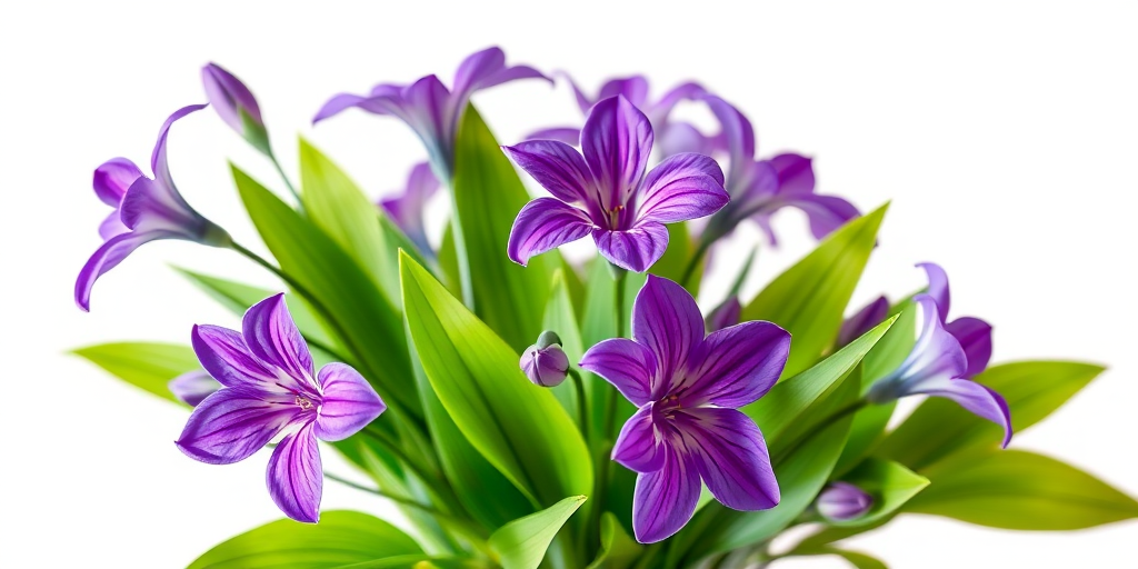 Generate a high-resolution image of a bouquet of stylized purple flowers with green leaves against a white background, captured with a DSLR camera, aperture f/2.8, ISO 100, 50mm lens, natural light for soft shadows and vibrant colors.