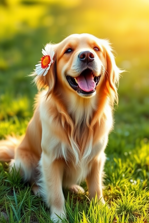 A happy golden retriever with a flower behind its ear sitting on green grass with sunlight shining down enjoying a beautiful day