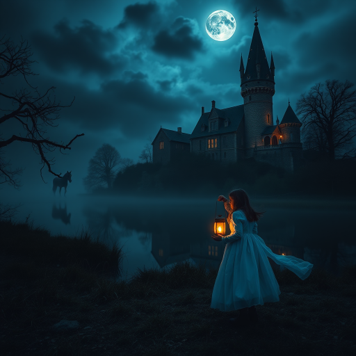 Create a dark fantasy scene featuring a mysterious haunted castle illuminated by moonlight, a girl in a flowing dress holding a lantern by a serene lake, a horse grazing in the background, shot with a Canon EOS R5, 24mm lens, f/2.8, ISO 100, long exposure for ethereal glow, using an atmospheric and moody style.