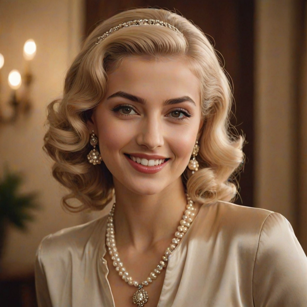 A beautiful Sephardic woman reminiscent of 1950s Hollywood glamour, with perfectly styled blonde hair and a seductive smile, dressed in a satin blouse and adorned with pearls, soft and warm tones, photorealistic, 8K