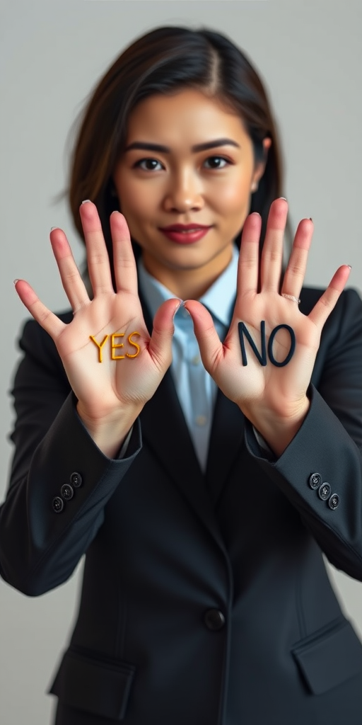 Create an image of a woman in a business suit with a neutral background, displaying her hands with the words YES and NO in bold letters, shot with a Canon EOS R5, 35mm lens, f/2.8 aperture, ISO 100, natural lighting, and a balanced composition.