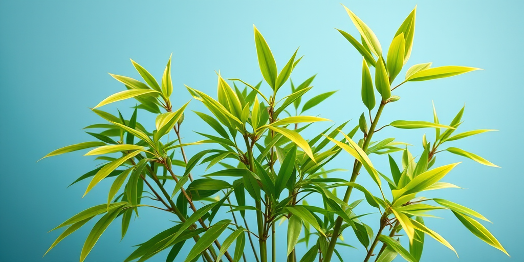 Create a vibrant illustration of a bamboo plant with lush green leaves, set against a soft, gradient blue background, captured with aCanon EOS R5, 50mm lens, f/2.8, ISO 100, in high dynamic range style.