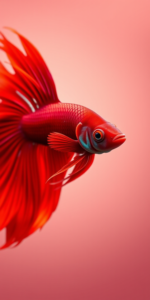 Generate a highly detailed illustration of a vibrant red betta fish with flowing fins, background in soft gradients, captured with a DSLR camera at f/2.8 aperture, 50mm lens, in macro view, with rich colors and sharp focus.