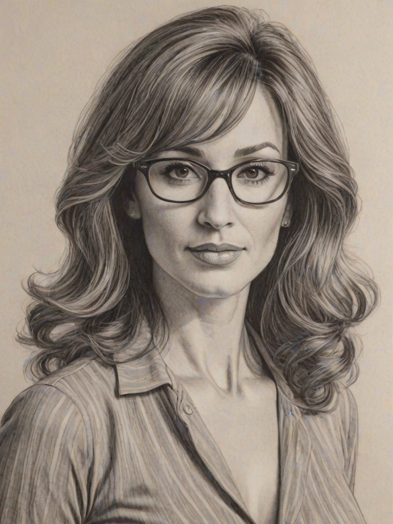 Ravishing Lisa Ann Walter, pencil sketch, portrait of Stunning woman 1973s in glasses, hair style beatnik, outline, clear lines, fine lines, 8k