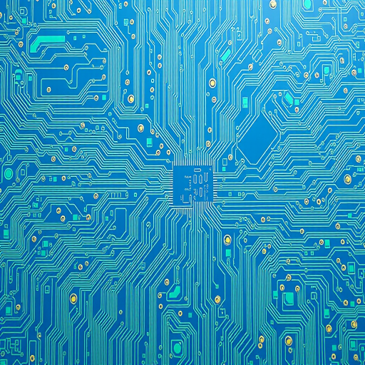 Create an intricate blue and green circuit diagram with detailed components and connections, using a Canon EOS R5 with a 35mm f/1.4 lens, ISO 100, aperture f/8, shutter speed 1/125s, shot from a top-down view, and using high dynamic range imaging for enhanced quality.