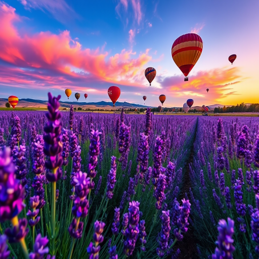 a vibrant lavender field with colorful hot air balloons in the sky at sunrise, captured with a Canon EOS R5, 24mm lens, f/8 aperture, ISO 100, 1/250s shutter speed, wide-angle view, high dynamic range for enhanced colors and details