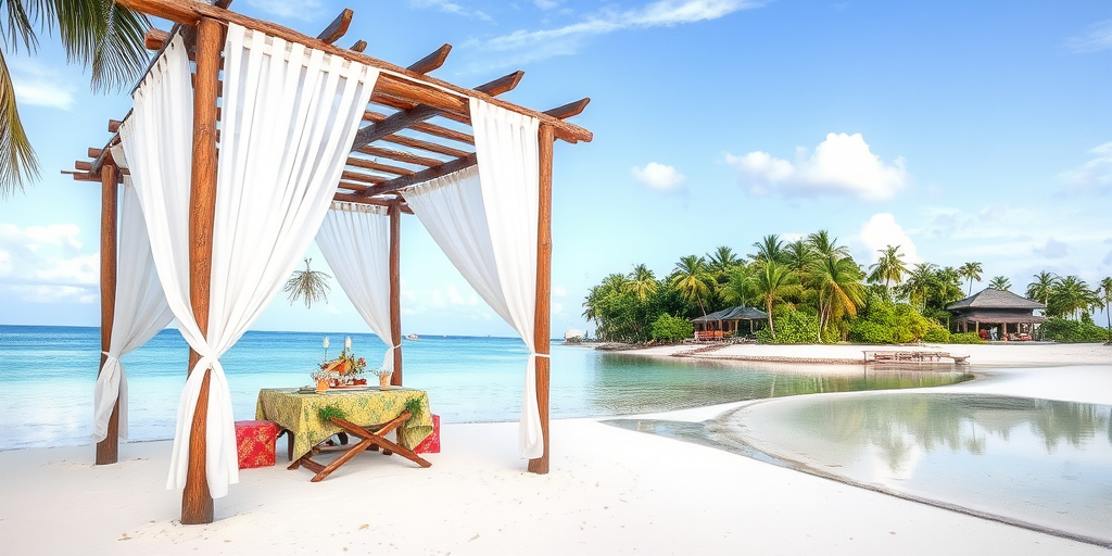 Create a picturesque tropical beach scene featuring a serene, white sandy shore. In the foreground, there's a rustic wooden canopy with white drapes gently flowing in the breeze. Underneath the canopy, a table is set with tropical decor, evoking a sense of relaxation and leisure. The beach extends into a calm, shallow water area with reflections of the sky and surroundings. Palm trees and lush greenery line the edge of the beach, providing a natural, tropical backdrop. The sky is clear with a few scattered clouds, and the overall atmosphere is tranquil and inviting, perfect for a peaceful retreat.